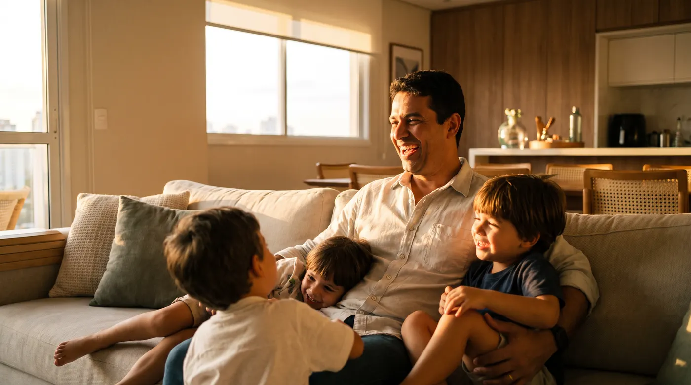 Médico em casa no fim da tarde com os filhos